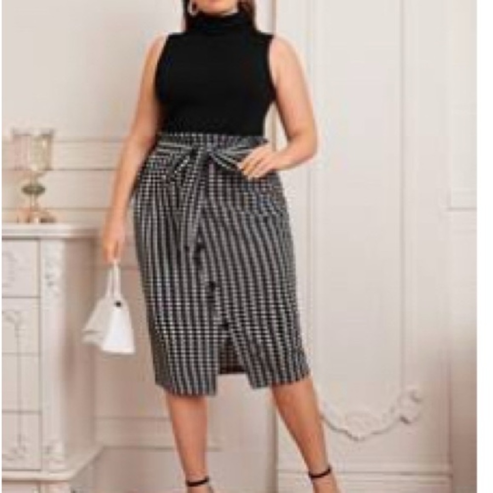 BNWOT Black and White houndstooth Skirt and Black sleeveless turtleneck
